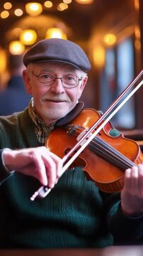 Smiling elderly musician with glasses holding a violin and bow.