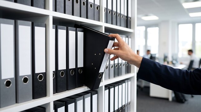 Close-up of a hand reaching out and pulling a black ring binder folder from a white bookshelf in a modern office environment, representing document organization, data archiving, and office work.