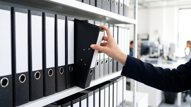 Close-up of a hand reaching out and pulling a black ring binder folder from a white bookshelf in a modern office environment, representing document organization, data archiving, and office work.