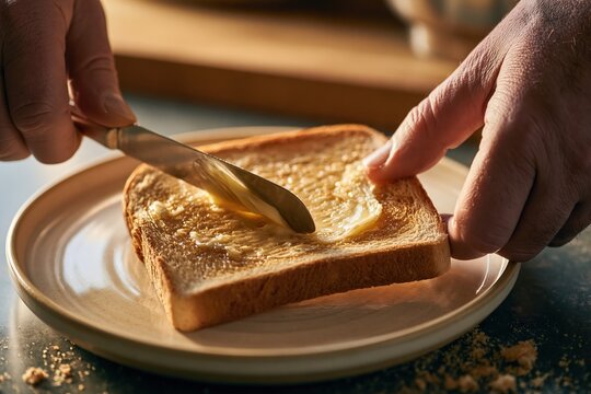 Butter being spread onto toast using a knife.
