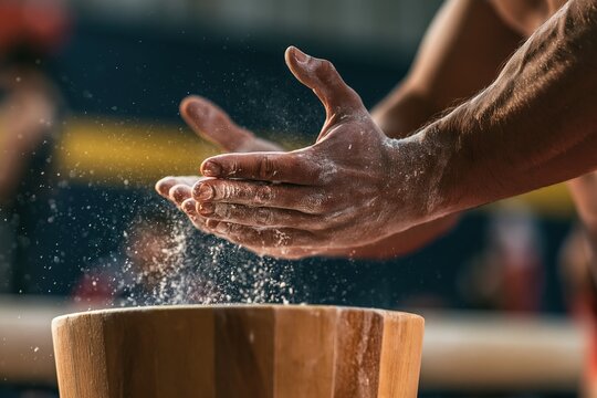 Hand dusting wooden bowl, flour particles flying.