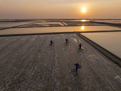 Aerial view of salt workers harvesting salt in the pans at sunset with golden light reflecting on the water in Laem Phak Bia, Thailand.