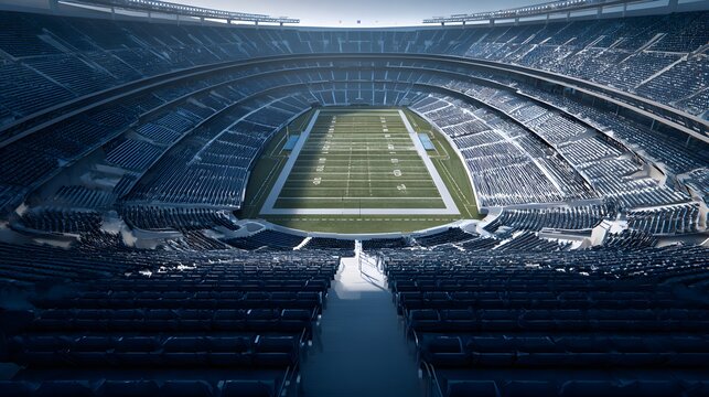 Modern empty football stadium with green grass under sunset sky.