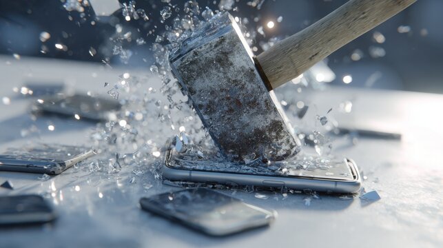 Sledgehammer smashing smartphone screen dynamic impact with shattered glass fragments