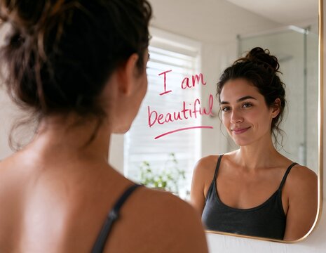Woman smiling at herself in the mirror with positive affirmation  