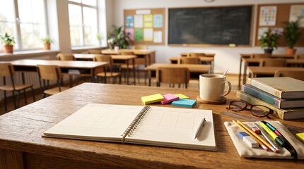 Naklejka premium Empty classroom desk with open notebook and stationery prepared for lessons during a bright teachers day celebration event