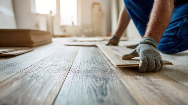 Laminate flooring installation with a craftsman s hands and wood planks
