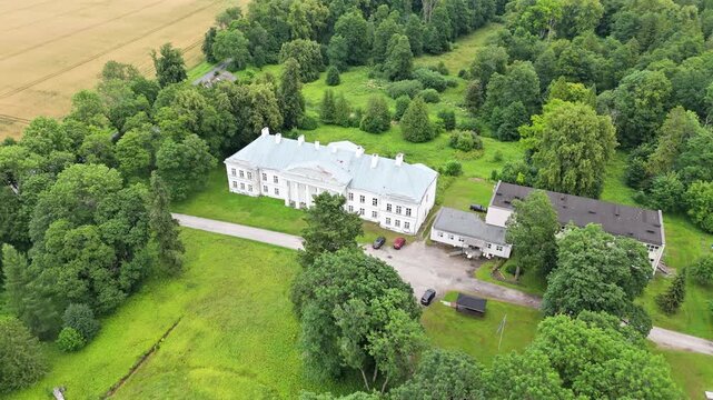 Aerial Drone Tracking Video Over Historic Countryside Manor Estate