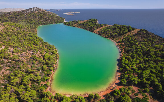 Aerial view of the salt lake in Telascica Nature Park, surrounded by dense pine forests and rocky terrain, with the Adriatic Sea in the background in Sali, Zadar County, Croatia.
