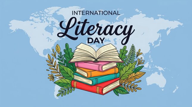 International literacy day illustration with books and leaves