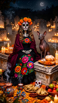 catrina con xoloitzcuintle, xoloitzcuintle sagrado, xolo dog, perro azteca, guardian del inframundo, gu&iacute;a de almas, X&oacute;lotl, mitolog&iacute;a mexica, D&iacute;a de Muertos, d&iacute;a de muertos, catrina tradicional, catri