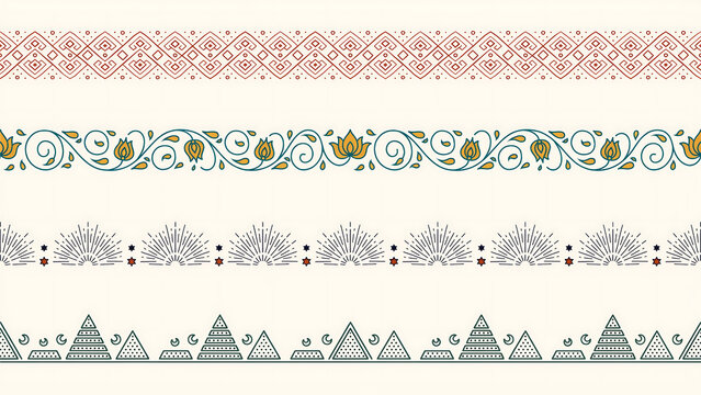 Four decorative horizontal borders with geometric and floral patterns isolated on a transparent background
