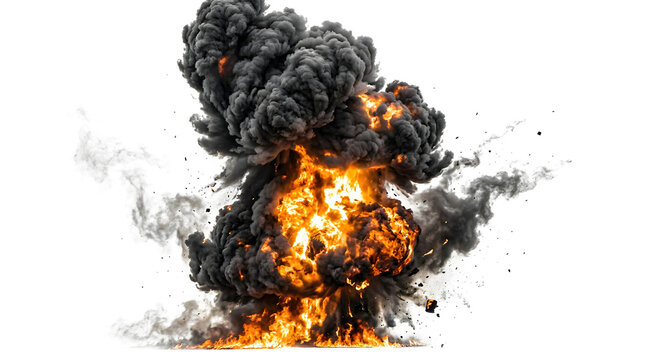 Dramatic explosion with billowing smoke and intense flames isolated on transparent background