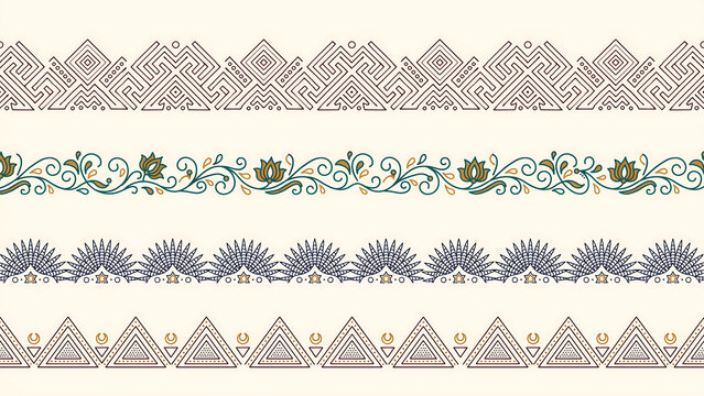 Four decorative horizontal borders with geometric and floral patterns isolated on a transparent background