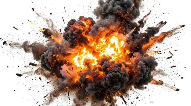 Dramatic explosion with fire and debris isolated on transparent background