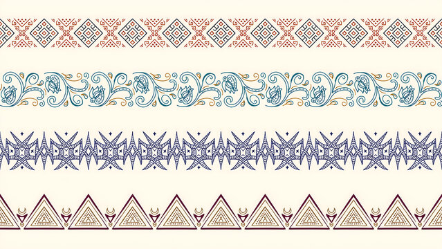 Four horizontal decorative borders with ethnic and floral patterns isolated on a transparent background
