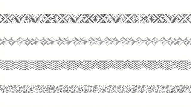 Four horizontal decorative borders with geometric and floral patterns isolated on a transparent background