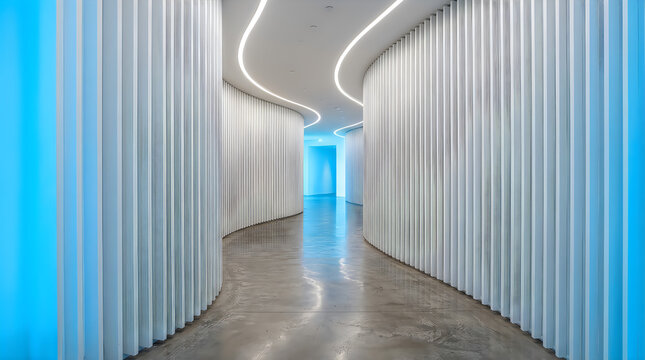 Futuristic white ribbed corridor with glowing blue lighting, isolated on transparent background, featuring a modern curved hallway design for interior concepts.