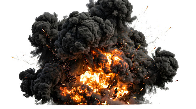 Dramatic explosion with smoke and fire isolated on transparent background
