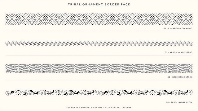 Four seamless tribal ornament borders with geometric patterns isolated on a transparent background
