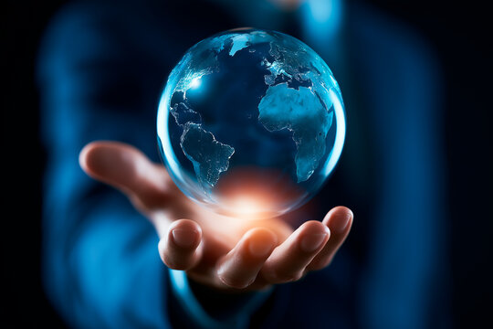 Businessman holding glowing digital planet Earth globe hologram over extended hand