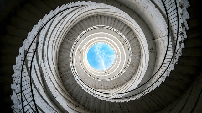 Looking up a white cylindrical tower with a spiral staircase, isolated on transparent background, showing architectural geometry and a view of the blue sky.