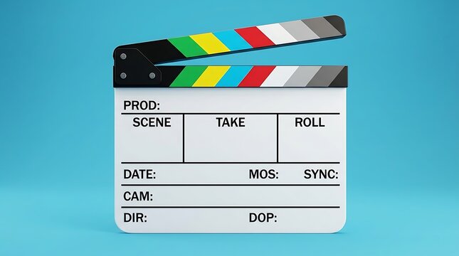 Professional film clapperboard, a classic movie production slate for cinema and video projects. Blank white clapper board with colorful stripes, essential filmmaking equipment for creative media.