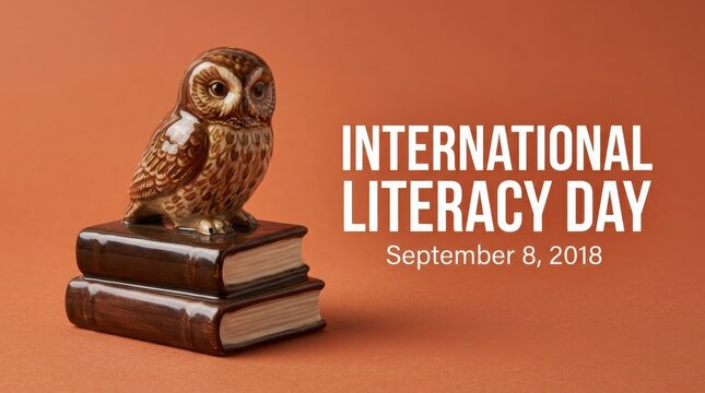 International literacy day 2018 with an owl figurine on books