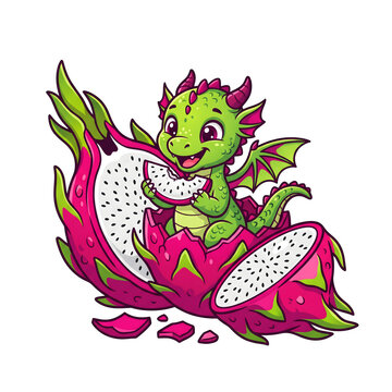 Cute Baby Fantasy Dragon Hatching from Fresh Pink Dragon Fruit Vector Clipart