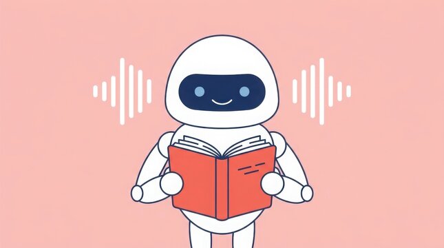 Cute robot reading a book with sound waves illustration