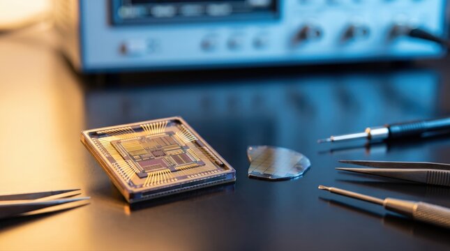 Advanced microchip, silicon wafer fragment, and precision tools on a lab bench. Essential hardware for cutting-edge AI technology and semiconductor development.