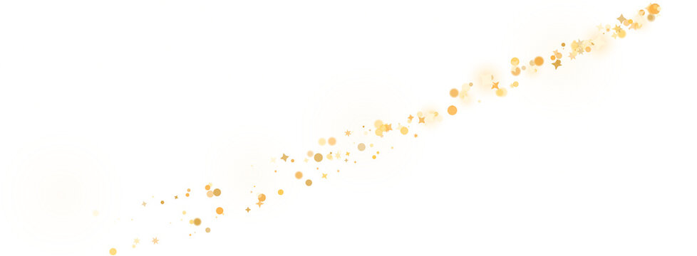Golden glitter dust trail on white background, shimmering gold particles in diagonal motion, luxury sparkle effect for festive celebration design