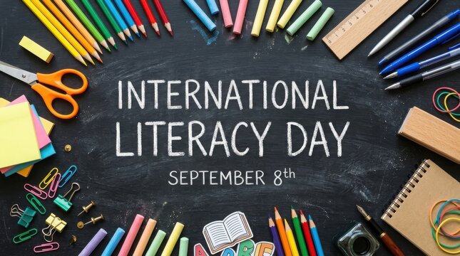 International literacy day on chalkboard with school supplies