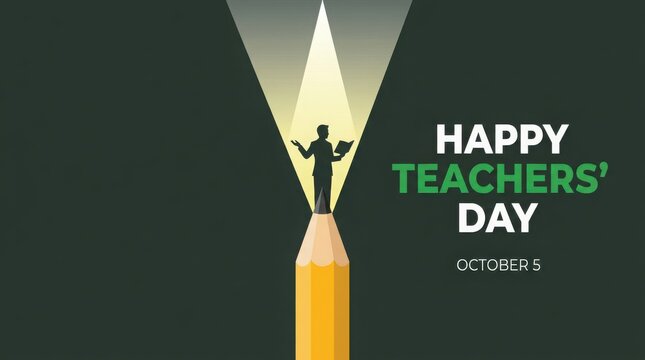 Happy teachers day greeting card with pencil and teacher silhouette