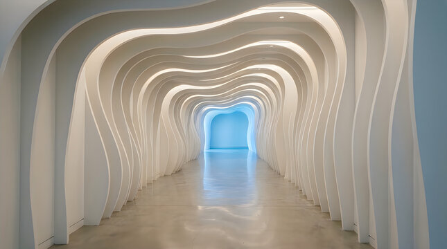 Futuristic white corridor with flowing wave walls, modern architectural interior design, isolated on transparent background for creative digital compositing projects.