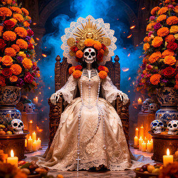 catrina reina, reina de los muertos, emperatriz catrina, santa muerte art&iacute;stica, diosa del inframundo, reina ceremonial, mujer esqueleto, skeleton queen, gothic queen, dark empress, D&iacute;a de Muertos, d&iacute;