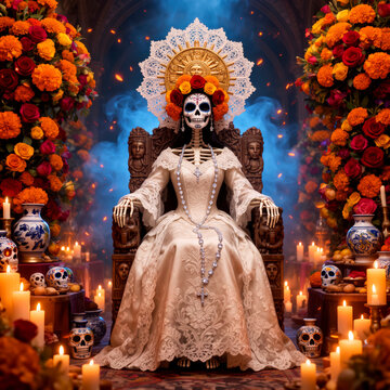 catrina reina, reina de los muertos, emperatriz catrina, santa muerte art&iacute;stica, diosa del inframundo, reina ceremonial, mujer esqueleto, skeleton queen, gothic queen, dark empress, D&iacute;a de Muertos, d&iacute;