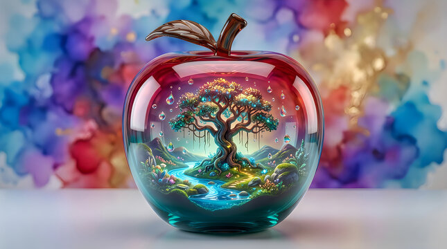 Glass apple containing a magical tree and a small river inside against a colorful artistic background
