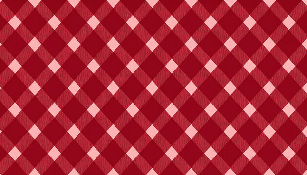 Red and white diagonal gingham pattern background, seamless rustic picnic tablecloth texture.