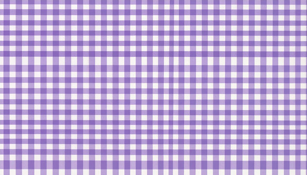 Seamless grid pattern of pastel purple and white gingham checkered fabric texture. Classic tablecloth vector background ideal for picnic, summer kitchen, scrapbooking, and textile crafts.