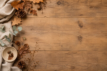Fototapeta premium Old wooden background with autumn concept, copy space.