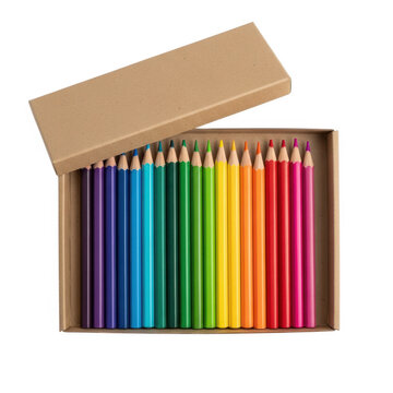 Colorful pencils in a wooden box