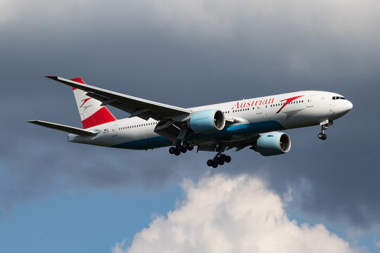 Austrian Airlines Boeing 777-200ER (OE-LPA) on landing approach at Frankfurt Airport on June 28, 2017 in Frankfurt am Main, Germany