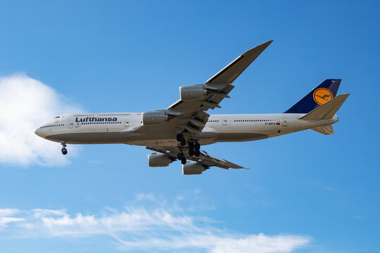 Lufthansa Boeing 747-8 (D-ABYS) on landing approach at Frankfurt Airport on June 28, 2017 in Frankfurt am Main, Germany