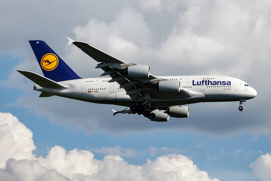 Lufthansa Airbus A380 (D-AIMA) on landing approach at Frankfurt Airport on June 28, 2017 in Frankfurt am Main, Germany