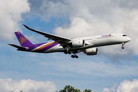 Thai Airways Airbus A350-900 (HS-THB) on landing approach at Frankfurt Airport on June 28, 2017 in Frankfurt am Main, Germany