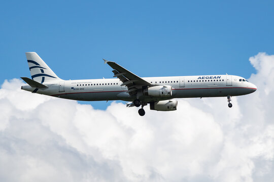 Aegean Airlines Airbus A321 (SX-DVZ) on landing approach at Frankfurt Airport on June 28, 2017 in Frankfurt am Main, Germany