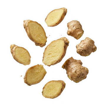 Fresh ginger root slices and pieces isolated on transparent background