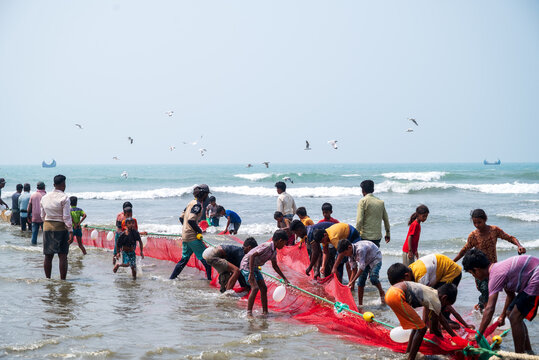 Cox's Bazar, Chittagong Division, Bangladesh - 10 March 2026: View of local fishermen pulling a large red fishing net from the sea at Cox's Bazar beach with seagulls flying overhead.