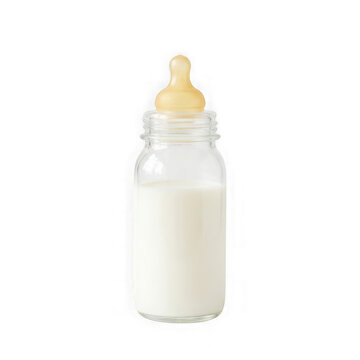Glass baby bottle filled with milk isolated on transparent background